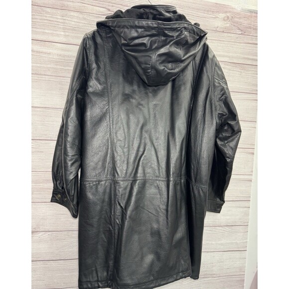 Veranesi Women's Genuine Leather Coat 28W Plus Black Faux Fur Lined Hood Parka - Picture 2 of 16